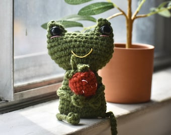 Crocheted Green Frog Amigurumi with Heart - Handmade Toy Easter