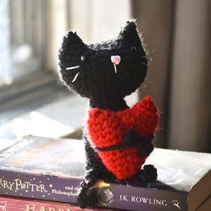 Crocheted  Moon and Heart Black  Cat - Handmade Amigurumi - Crochet Animals - Crochet Toy - Stuffed Animals - Unique Gift -  Father's Day