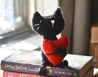 Crocheted Black Cat Amigurumi with Heart - Handmade Plush Toy