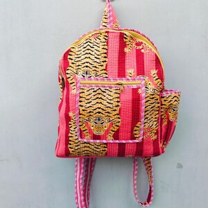 Sac à dos scolaire fait main à imprimé tigre, sac à dos en coton matelassé, sac à bandoulière, sac à dos collage, sac à dos pour ordinateur portable, sac de voyage, sac à usage quotidien.