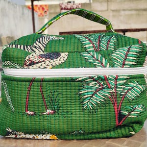 Stampa giungla verde in cotone, beauty case, grande beauty case per il trucco, beauty case da viaggio personalizzato, beauty case, set beauty case in cotone trapuntato