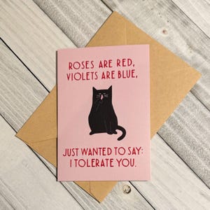 May include: A pink card with a black cat illustration and the text "Roses are red, violets are blue, Just wanted to say: I tolerate you."