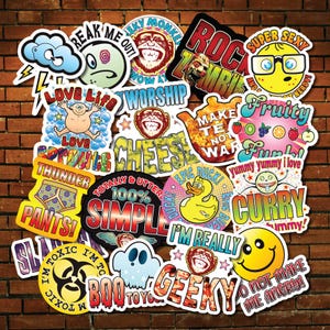 May include: A selection of vibrant stickers with diverse designs and text. The stickers showcase cartoon characters, food, and phrases such as "Love Life," "Totally & Utter 100% Simple," and "I'm Toxic." The backdrop is a brick wall.
