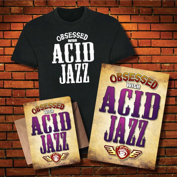 T-shirt in cotone Acid Jazz + biglietto di compleanno/biglietto d'auguri + stampa artistica/poster musicale