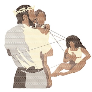 May include: A digital illustration of a person with a crown of thorns holding a child, with another child sitting in the foreground. The illustration is in a pixelated style.