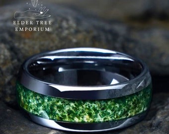 Moss Agate Tungsten Promise Ring Nature Ring Wedding Ring for Him and Her Unique Wedding Band