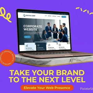 May include: A laptop displaying a corporate website on a marble platform against a purple background with yellow graphic elements. The screen shows text including DIGITAL CORP, CORPORATE WEBSITE, and TAKE YOUR BRAND TO THE NEXT LEVEL.