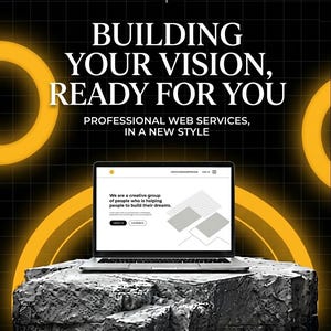 May include: A laptop displaying a website with the text 'We are a creative group of people who is helping people to build their dreams' sits on a large, textured gray rock. The background features yellow circles and the text 'BUILDING YOUR VISION, READY FOR YOU' and 'PROFESSIONAL WEB SERVICES, IN A NEW STYLE'.