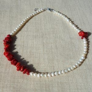 Handmade Pearl and Coral Necklace - Genuine White Freshwater Pearls & Red Coral Gemstones, 43+3 cm, Ocean-Inspired Jewelry, Gift for Her