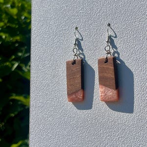 Hand Carved Walnut Earrings w/ Pink Pigment Resin &  Stainless Steel Hooks