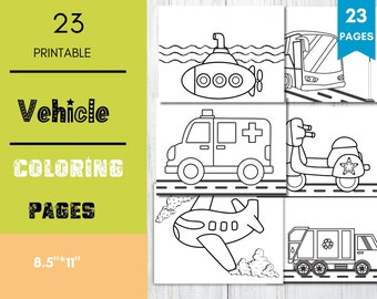 Vehicle Coloring Book: 23 Transportation Pages for Kids (PDF Pattern)