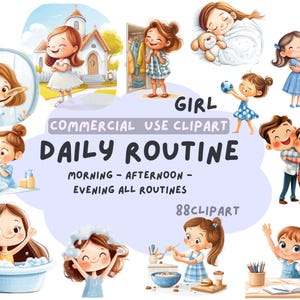 Mädchen Alltag Clipart Set - 88 PNG Illustrationen mit transparentem Hintergrund | Morgens, Nachmittags, Abendaktivitäten für Kinder
