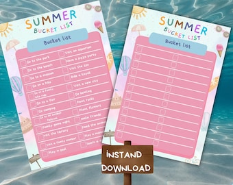 May include: Two printable summer bucket list sheets with a pink background and blue header. The sheets feature colorful illustrations of suns, ice cream, umbrellas, and hot air balloons. One sheet contains pre-filled activity text and checkboxes.