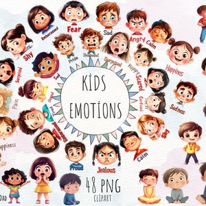 Conjunto de imágenes prediseñadas de emociones de niños - imágenes prediseñadas de sentimientos - archivos PNG de caras de niños - descarga digital, uso personal y comercial - 48 png - 300 ppp
