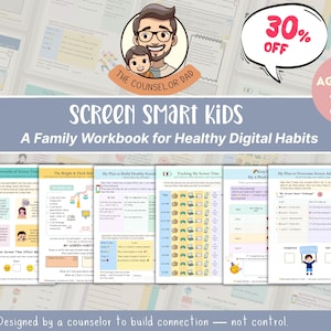 以下が含まれることがあります： 「Screen Smart Kids: A Family Workbook for Healthy Digital Habits」というタイトルのワークブック。表紙には男性と子供のイラストが描かれています。ワークブックは6〜12歳向けで、30％オフのプロモーションが含まれています。