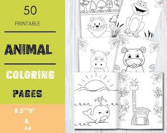 May include: 50 printable black and white animal coloring pages, 8.5" x 11" and A4 size.