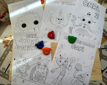 Personalized Robot Birthday Coloring Pages: Set of 5 (PDF)