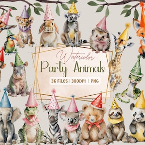 Clipart de animais de festa em aquarela, clipart de aniversário, animais fofos png, clipart fofo em aquarela, animais bebês