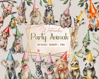 May include: Watercolor illustrations of 16 party animals wearing party hats. The animals include a fox, giraffe, zebra, koala, hippopotamus, lemur, panda, sloth, hedgehog, alligator, elephant, monkey, rabbit, and a gecko. The illustrations are in a watercolor style and are perfect for use in party invitations, decorations, or other creative projects.  "Watercolor Party Animals" is written in gold lettering on a gold frame.