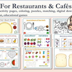 Mantel individual infantil de actividades de restaurante: Divertidos juegos para colorear y rompecabezas (descarga digital)