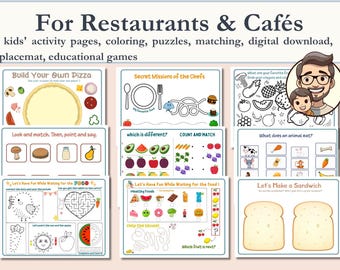 Mantel individual infantil de actividades de restaurante: Divertidos juegos para colorear y rompecabezas (descarga digital)