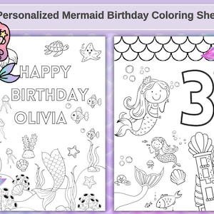 Personalized Mermaid Birthday Coloring Sheets,  personalized birthday party coloring pages