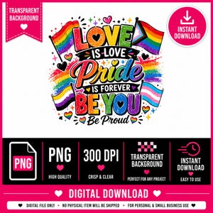 Può includere: Un design grafico digitale con il testo LOVE IS LOVE, PRIDE IS FOREVER, BE YOU e Be Proud in lettere colorate e testurizzate. Il design include diverse bandiere dell'orgoglio, piccoli cuori e accenti a stella su uno sfondo bianco.