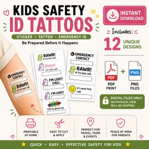 Kids Safety ID Tattoos, Emergency Contact Temporary Tattoo, Autism Nonverbal Child ID, Theme Park Travel Safety, Lost Child ID