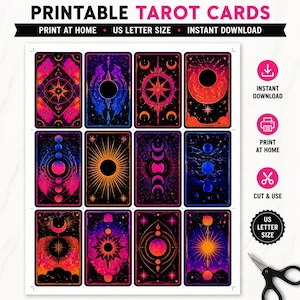 Printable tarot cards digital download details including size 2.75 x 4.75 inches and high resolution 300 DPI file format