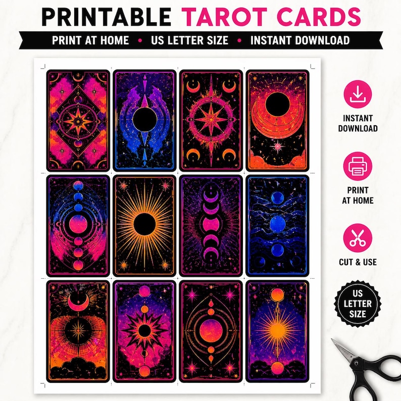 Printable tarot cards digital download details including size 2.75 x 4.75 inches and high resolution 300 DPI file format