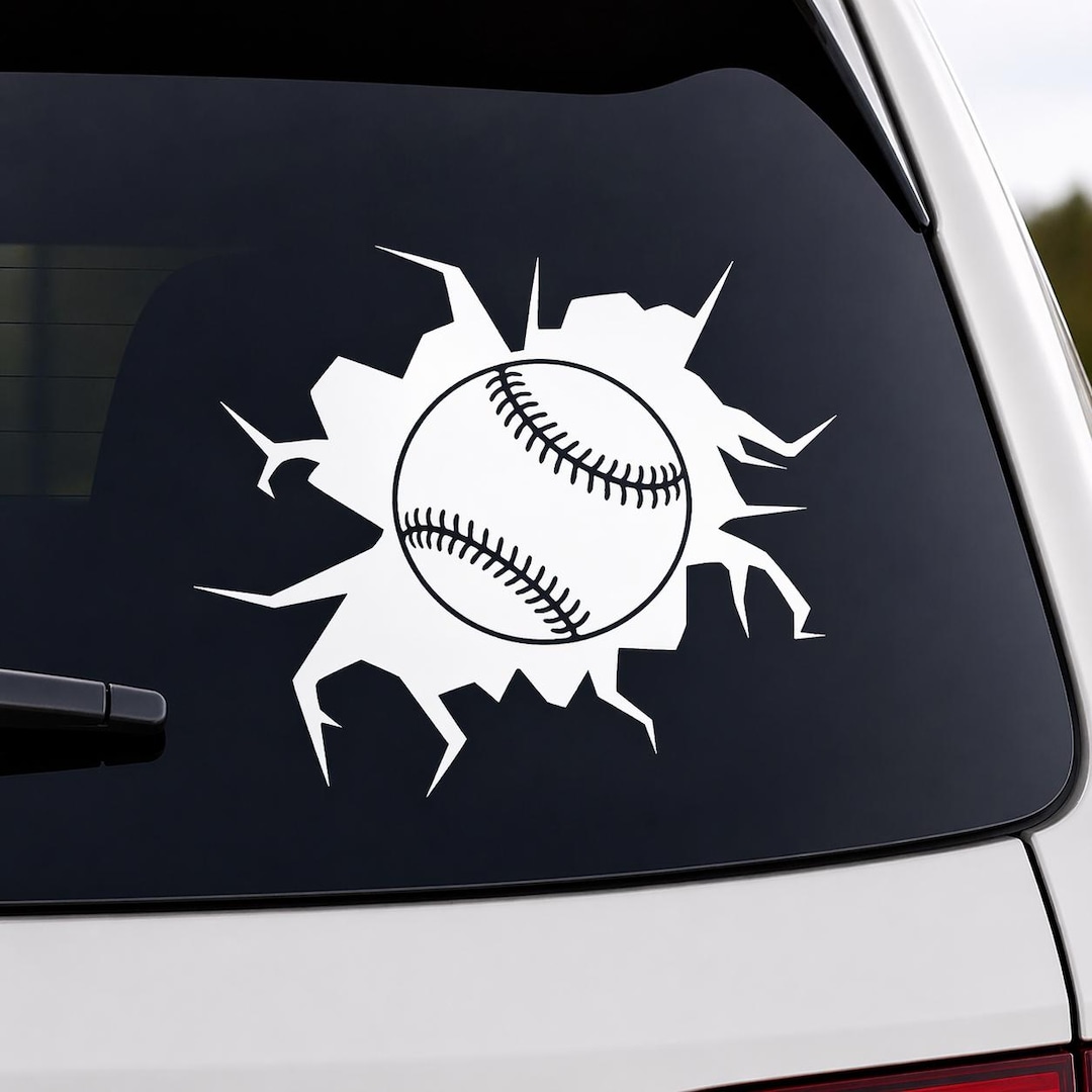 Baseball Shattered Glass Car Decal, Baseball Window Crack Sticker ...