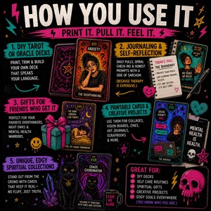 Ways to use printable tarot cards including journaling, DIY decks, gifts, and creative projects with edgy humor designs