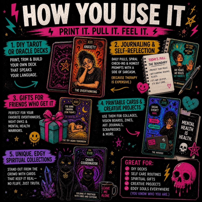 Ways to use printable tarot cards including journaling, DIY decks, gifts, and creative projects with edgy humor designs