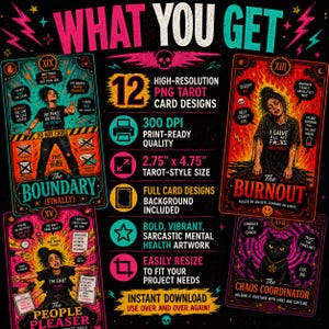 Tarot card bundle includes 12 high resolution PNG designs 300 DPI sized for printing sarcastic mental health themed artwork