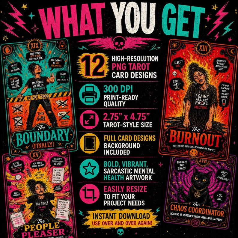 Tarot card bundle includes 12 high resolution PNG designs 300 DPI sized for printing sarcastic mental health themed artwork