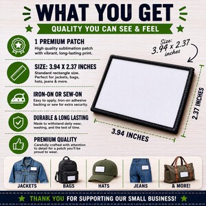 Product details infographic for a rectangular embroidered patch measuring 3.94 x 2.37 inches. Image highlights one premium embroidered patch with iron-on or sew-on backing, durable stitched construction, and suggested uses on jackets, backpacks, hats, jeans, tote bags, and other fabric accessories.