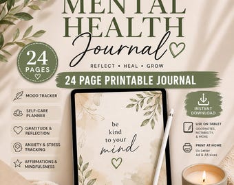 Mental Health Journal Printable, Anxiety Journal PDF, Mood Tracker, Self Care Workbook, Wellness Planner, Digital Journal