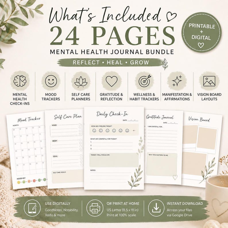 Mental Health Journal Printable, Self-care Planner, Mood Tracker (digital Download) - Etsy