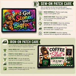 Patch care instructions infographic comparing iron-on and sew-on embroidered patch care. Image includes washing, drying, ironing, and maintenance recommendations for both application methods, with example embroidered patches illustrating proper care for long-lasting durability and vibrant color.