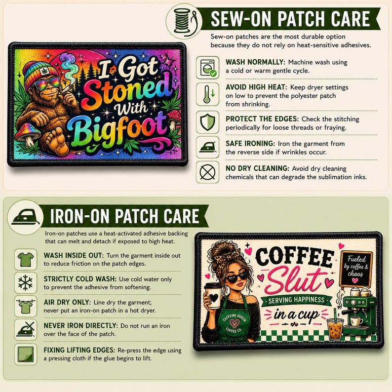 Patch care instructions infographic comparing iron-on and sew-on embroidered patch care. Image includes washing, drying, ironing, and maintenance recommendations for both application methods, with example embroidered patches illustrating proper care for long-lasting durability and vibrant color.