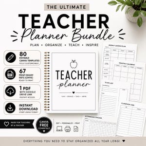 May include: A spiral-bound teacher planner bundle featuring 80 editable Canva templates, 67 print-ready PDFs, and a Google Drive link. The cover displays an apple icon and the text Teacher Planner. Includes weekly lesson plans and trackers.