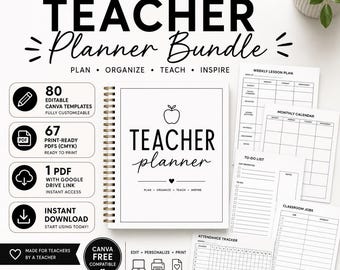 Teacher Planner Printable, Editable Canva Teacher Planner, Teacher Binder, Classroom Organization Bundle, Teacher Forms PDF