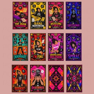 Colorful tarot card bundle preview showing multiple sarcastic mental health designs in neon pink, orange, and black aesthetic