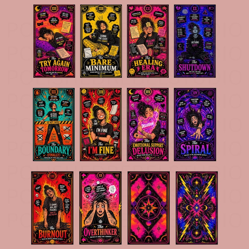 Colorful tarot card bundle preview showing multiple sarcastic mental health designs in neon pink, orange, and black aesthetic
