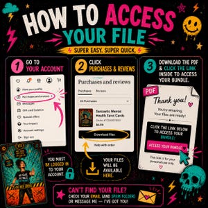 How to download digital files from Etsy purchases and access tarot card bundle through PDF download link