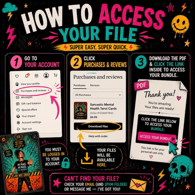 How to download digital files from Etsy purchases and access tarot card bundle through PDF download link