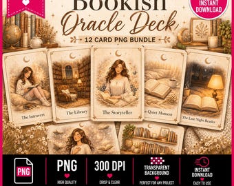 Bookish Oracle Deck PNG Bundle, Book Lover Tarot Cards PNG, Cozy Reader Sublimation Designs, Literary Journal Cards, Printable Bookish Art