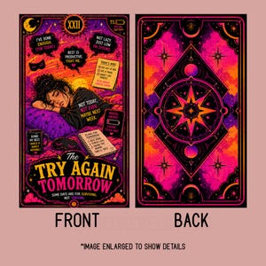 Printable tarot card front and back design showing detailed artwork and coordinated card backing for DIY tarot decks