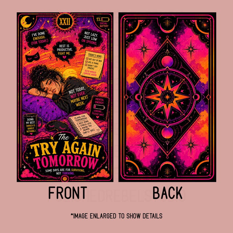 Printable tarot card front and back design showing detailed artwork and coordinated card backing for DIY tarot decks
