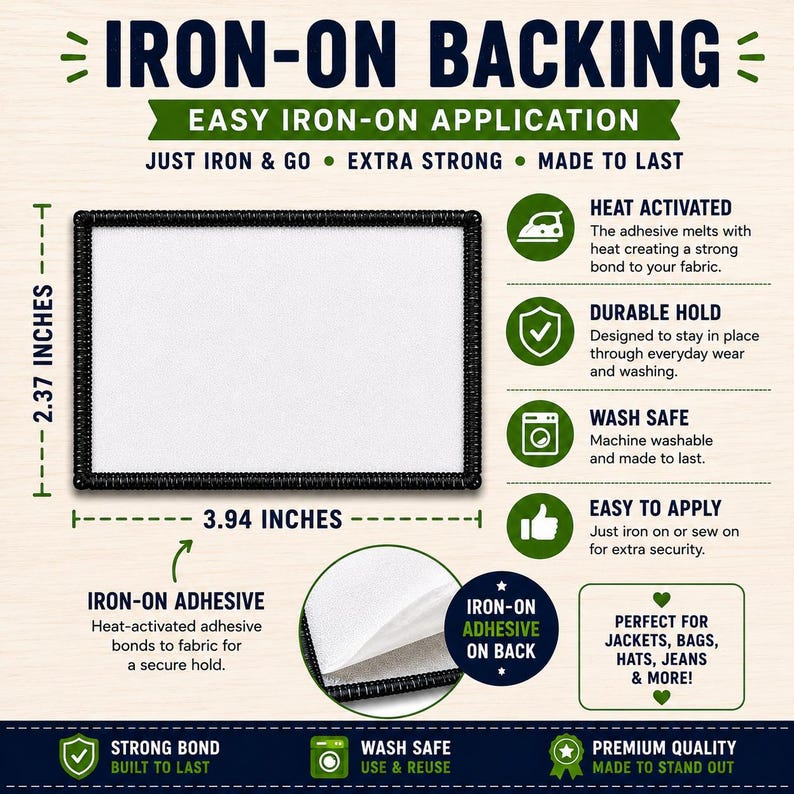 A rectangular patch with a black border and white center, measuring 3.94 inches by 2.37 inches. The graphic displays text about iron-on backing, heat-activated adhesive, and durability, featuring icons for an iron, shield, and washing machine.